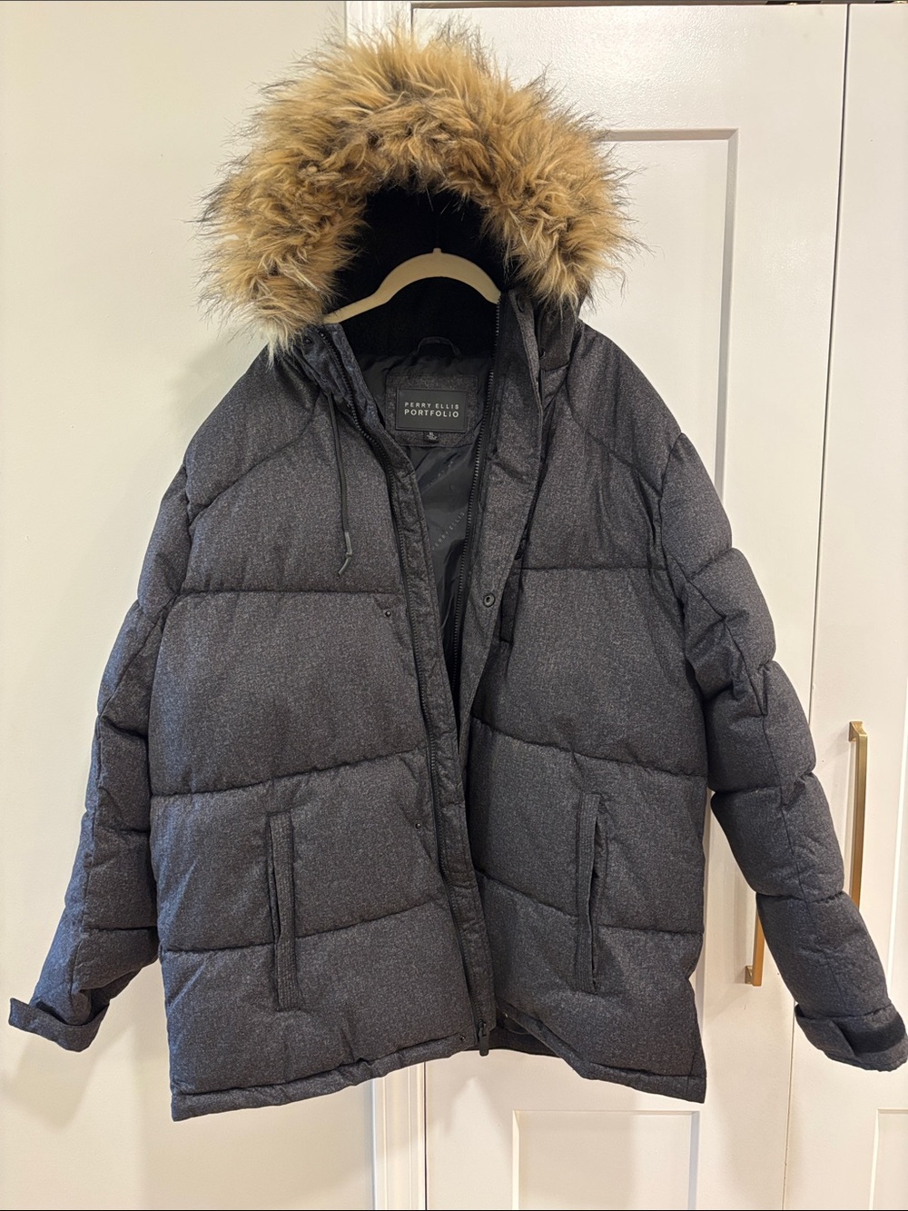 Perry Ellis Dark Gray Puffer Coat with Faux Fur Hood